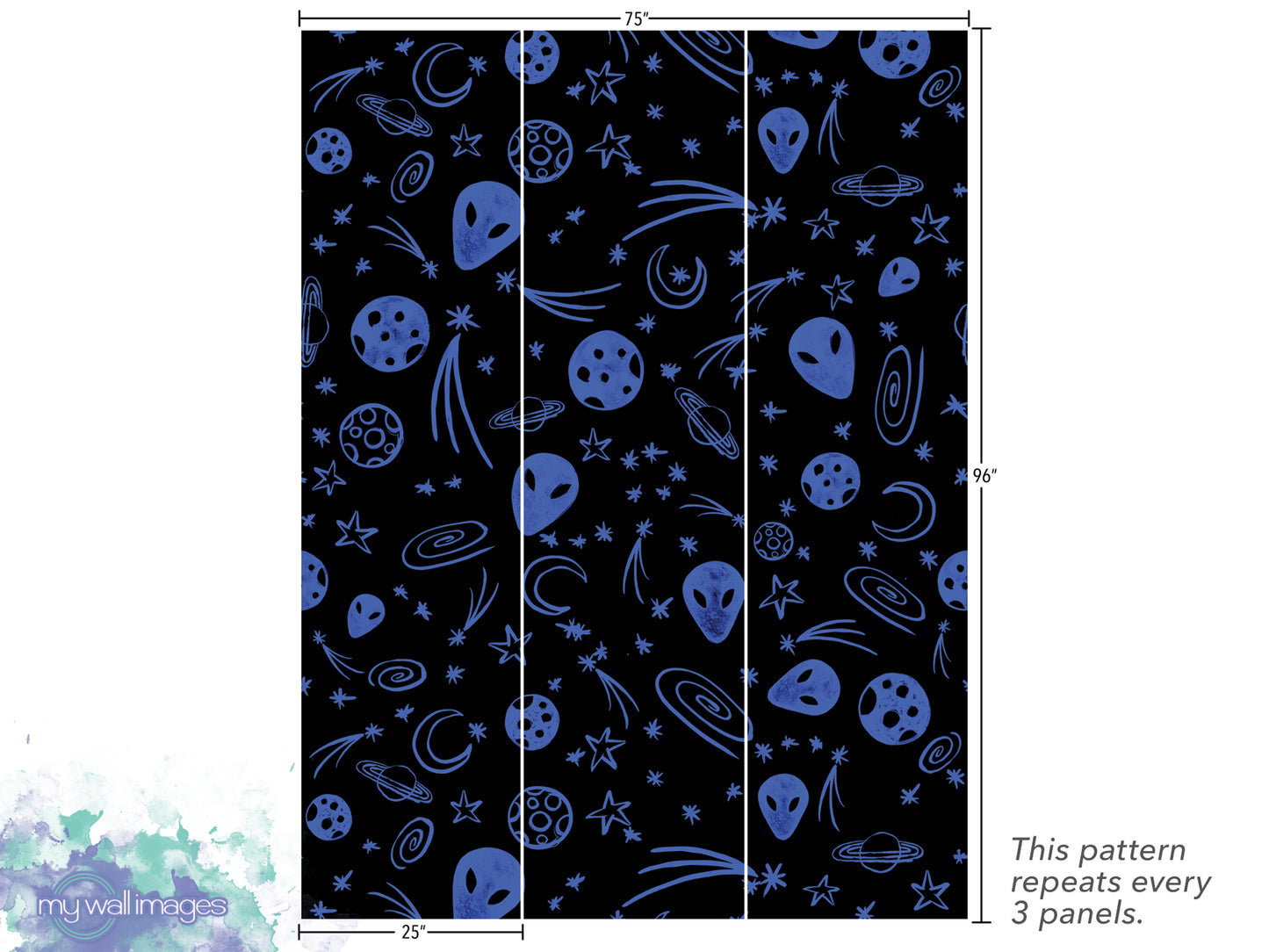 The image is a pattern of a black background with various celestial objects such as planets, stars, and alien figures. The pattern repeats every 3 panels.
