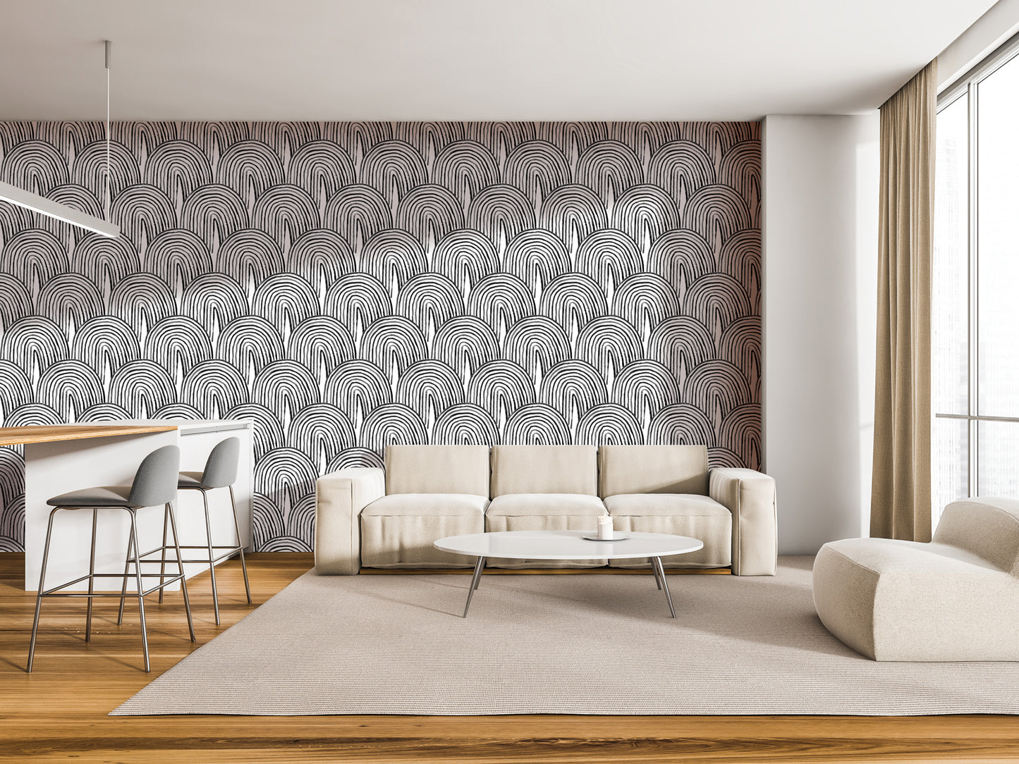 a modern living room with a large abstract patterned wallpaper on the wall, a white sofa, a round coffee table, and a bar with stools.