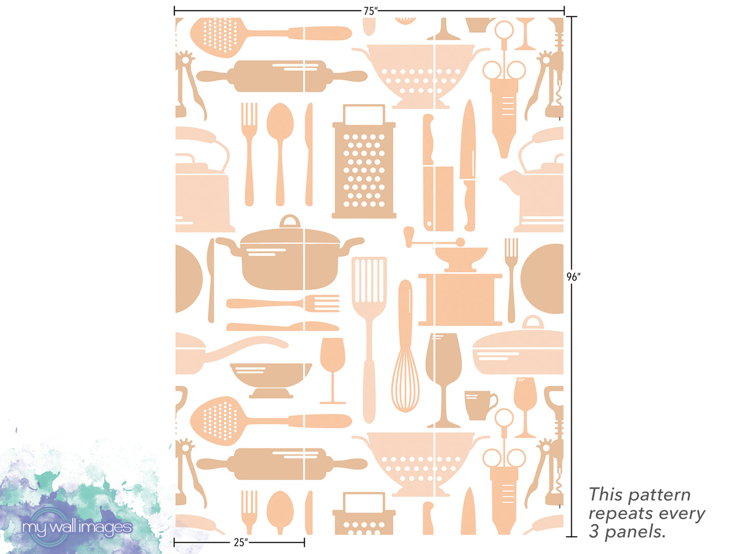 The image is a repeating pattern of various kitchen utensils and appliances, including spoons, knives, graters, and other tools, arranged in a grid-like layout. The pattern repeats every 3 panels, and the image is described as a collage of multiple images.