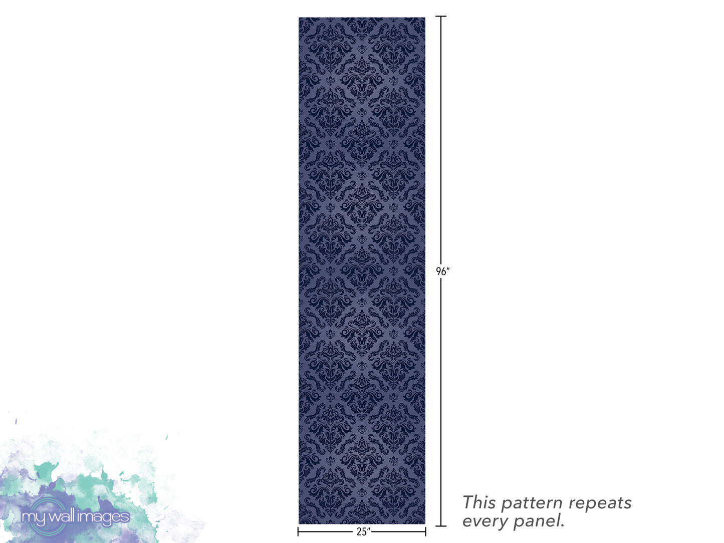 a vertical panel with a repeating pattern of blue and white damask designs. The panel is approximately 25 inches tall, and the pattern repeats every panel.
