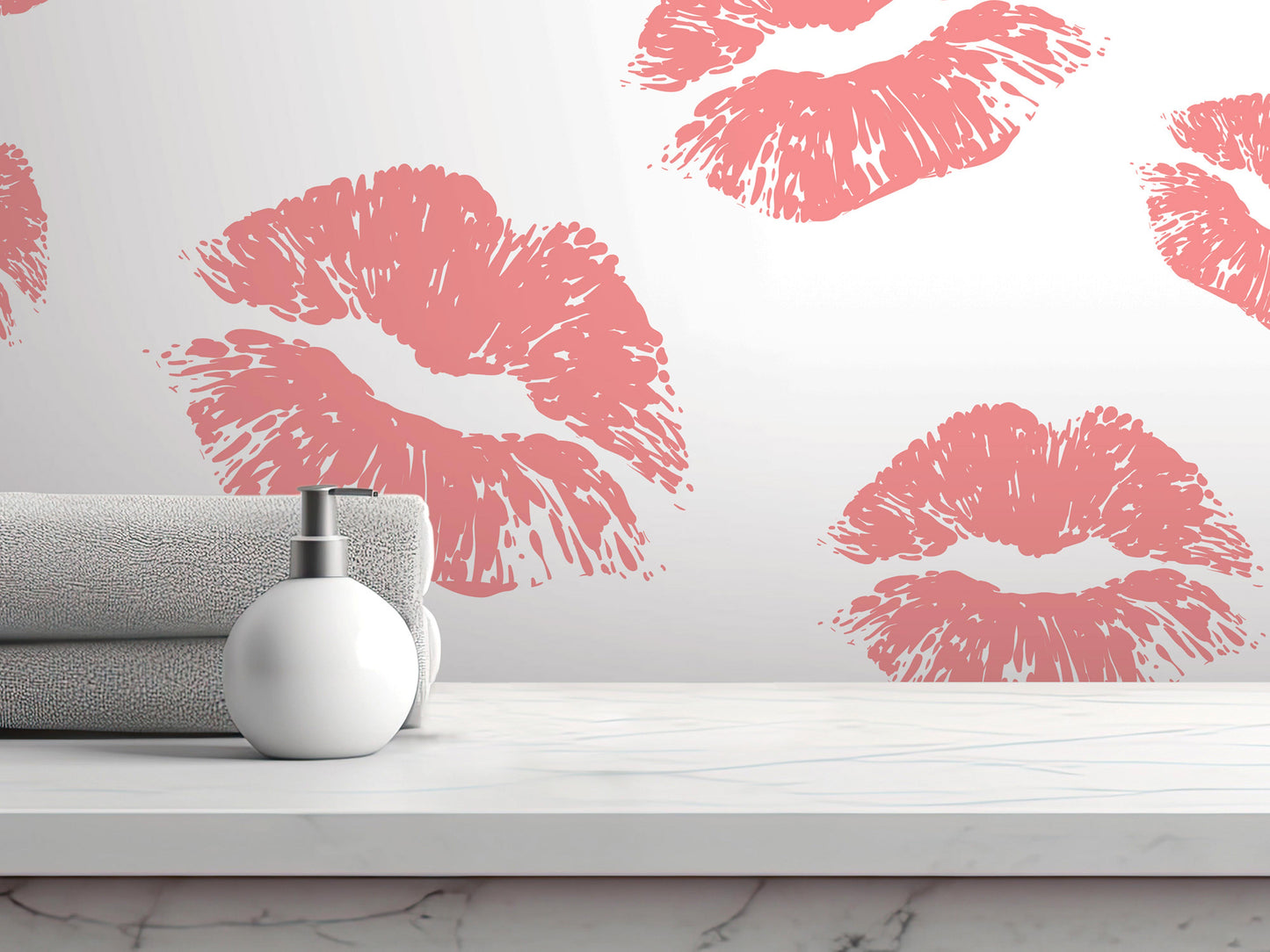 a white countertop with a white soap dispenser, a gray towel, and a white bottle, all set against a wall with a pink lipstick print design.