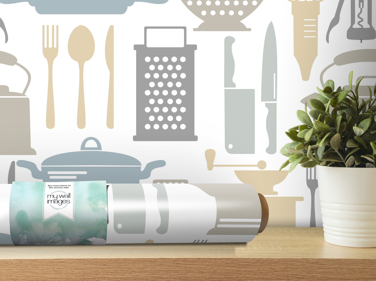a kitchen-themed wallpaper with various kitchen utensils and appliances, such as a grater, knife, and spoon, displayed on a shelf next to a potted plant.