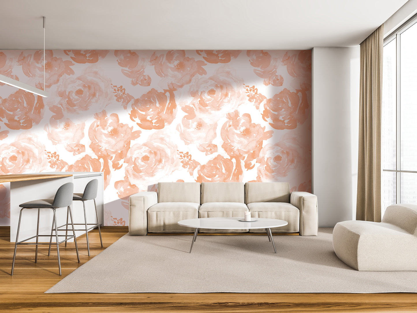 a modern living room with a floral wallpaper pattern on the wall, a white sofa, a round coffee table, and a barstool.