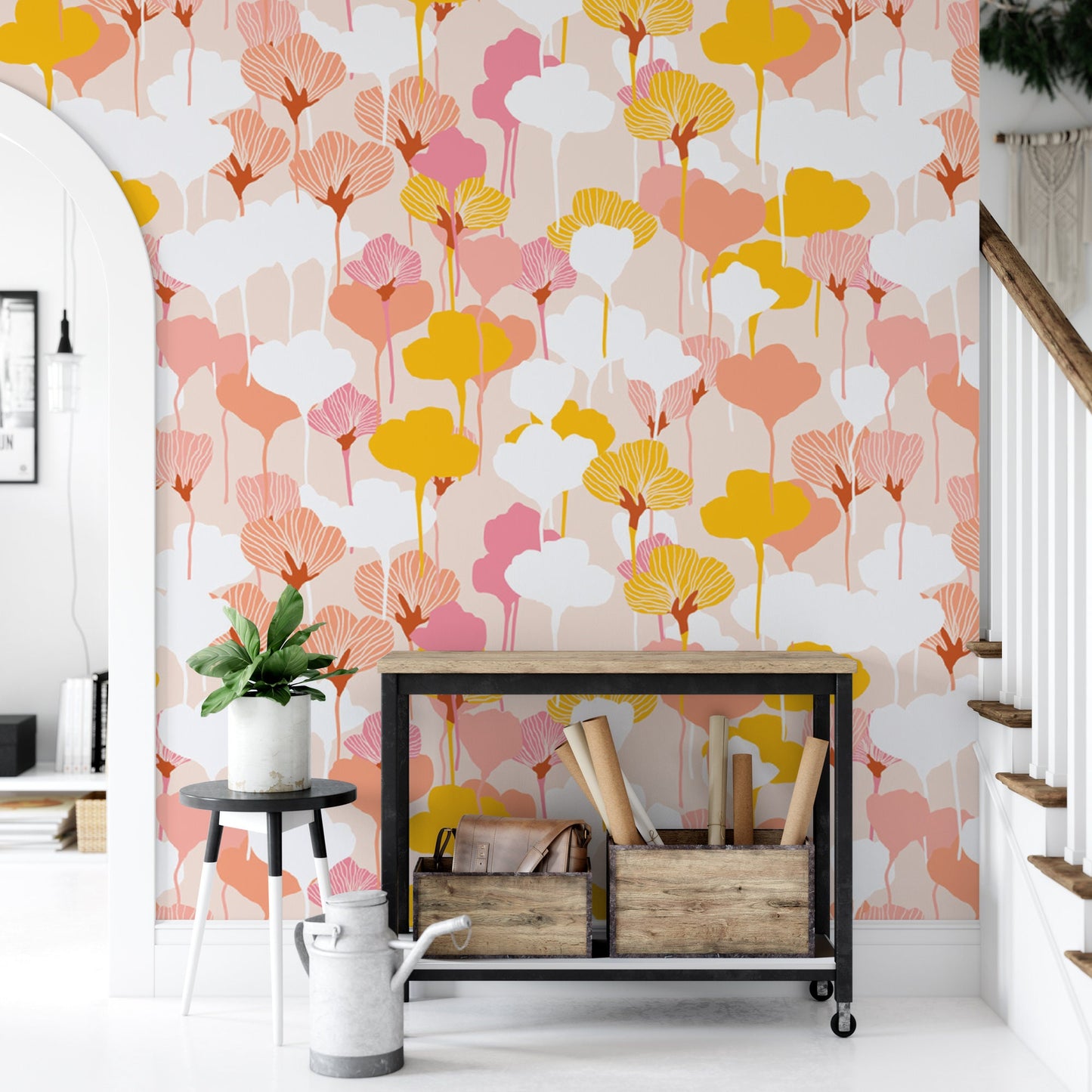 Modern Floral Mural | Pink White Gold Botanical Peel and Stick Wallpaper (MW1375)