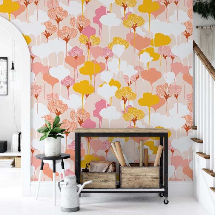 Modern Floral Mural | Pink White Gold Botanical Peel and Stick Wallpaper (MW1375)