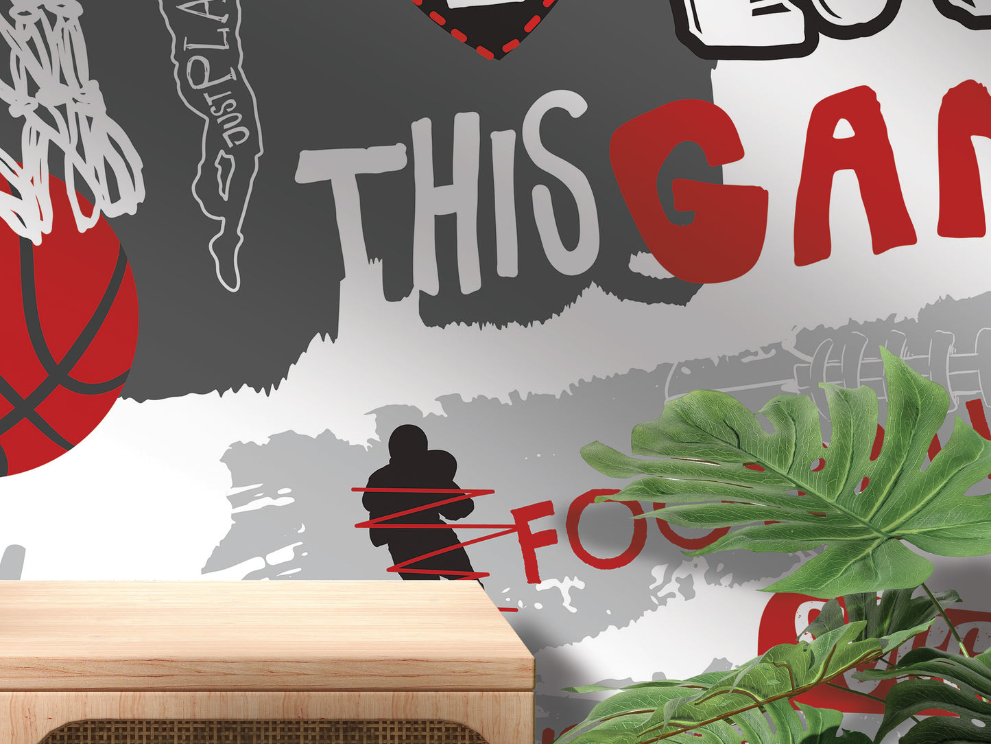 The image is a wall mural with various basketball-related elements, including a basketball, a silhouette of a person, and text. The overall design is colorful and dynamic, with a focus on the basketball theme.
