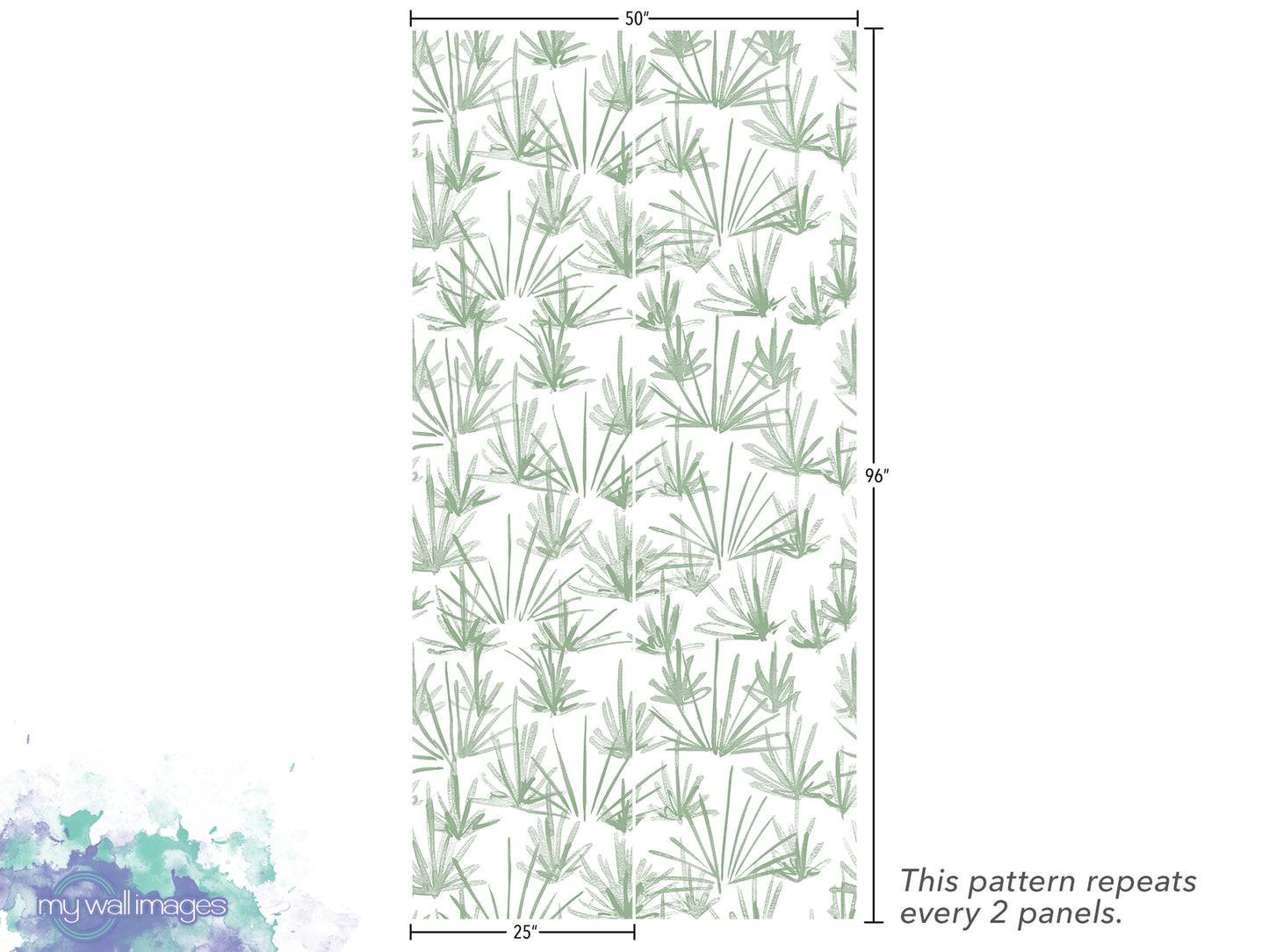 a repeating pattern of green leaves or blades, which appears to be a wallpaper or textile design. The pattern repeats every 2 panels, as indicated by the text.