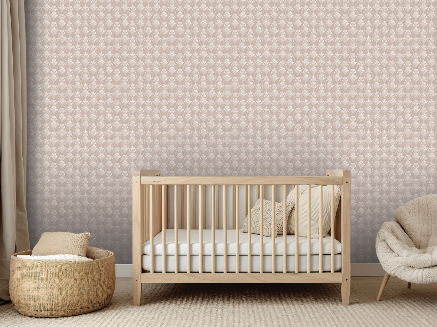 a serene nursery room with a wooden crib, a woven basket, and a plush chair, all arranged in a harmonious and visually pleasing manner.