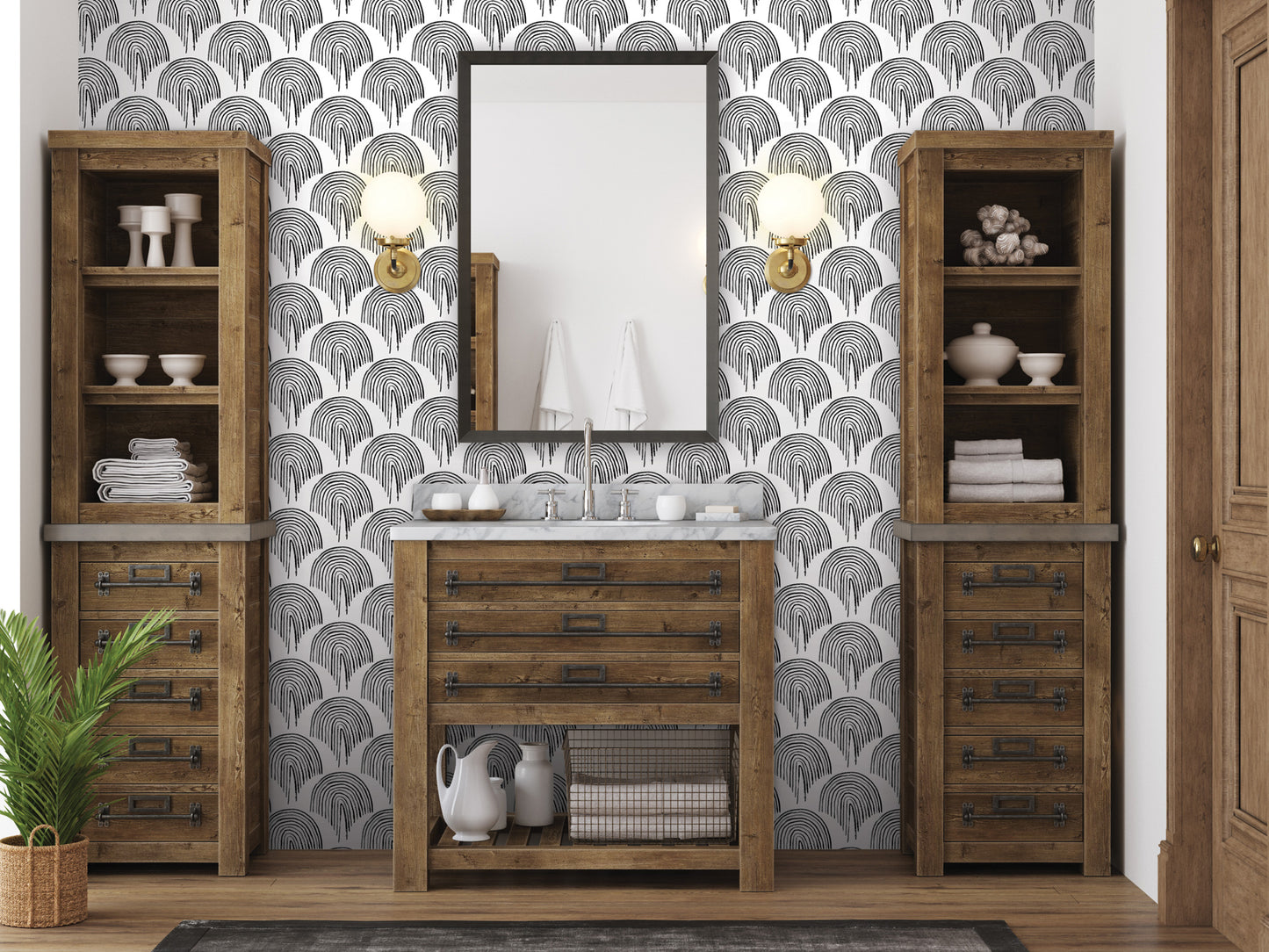 a modern bathroom with a wooden vanity, a mirror, and a patterned wallpaper.