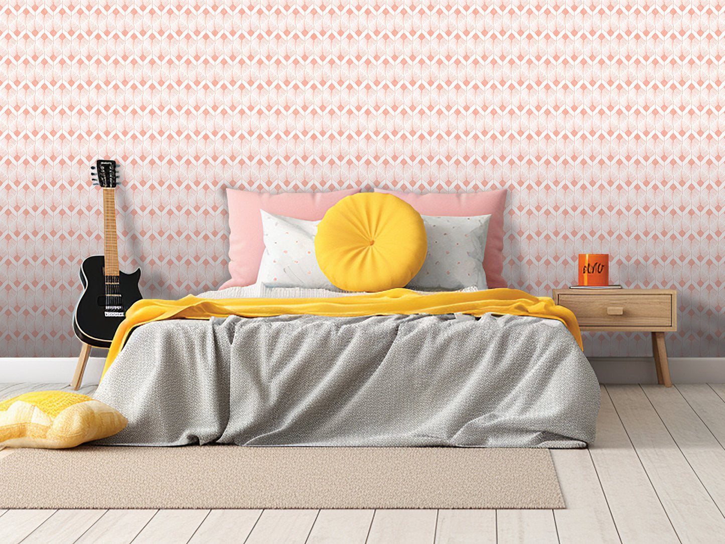 a cozy bedroom with a bed, a guitar, and a nightstand. The bed is covered in a gray comforter and has a yellow throw pillow. The wall behind the bed has a repeating pattern of pink and white hearts. A guitar is leaning against the wall, and a nightstand with a lamp and a book is also present in the room.