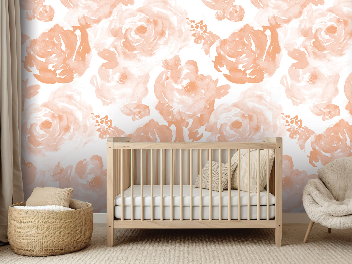 a nursery room with a wooden crib, a woven basket, and a plush chair. The walls are decorated with a floral wallpaper in shades of peach and white.