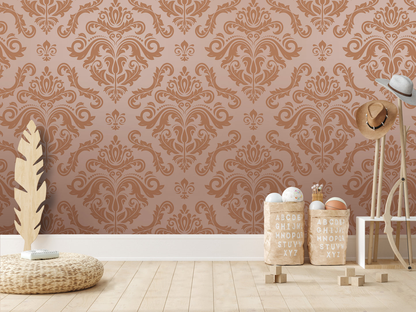 a room with a large, ornate wallpaper pattern in shades of brown and orange. The room has a wooden floor and a wicker floor mat. There are two wooden baskets on the floor, and a wooden hat rack is also present. The room appears to be a living or dining area, with a wooden table and chairs visible.