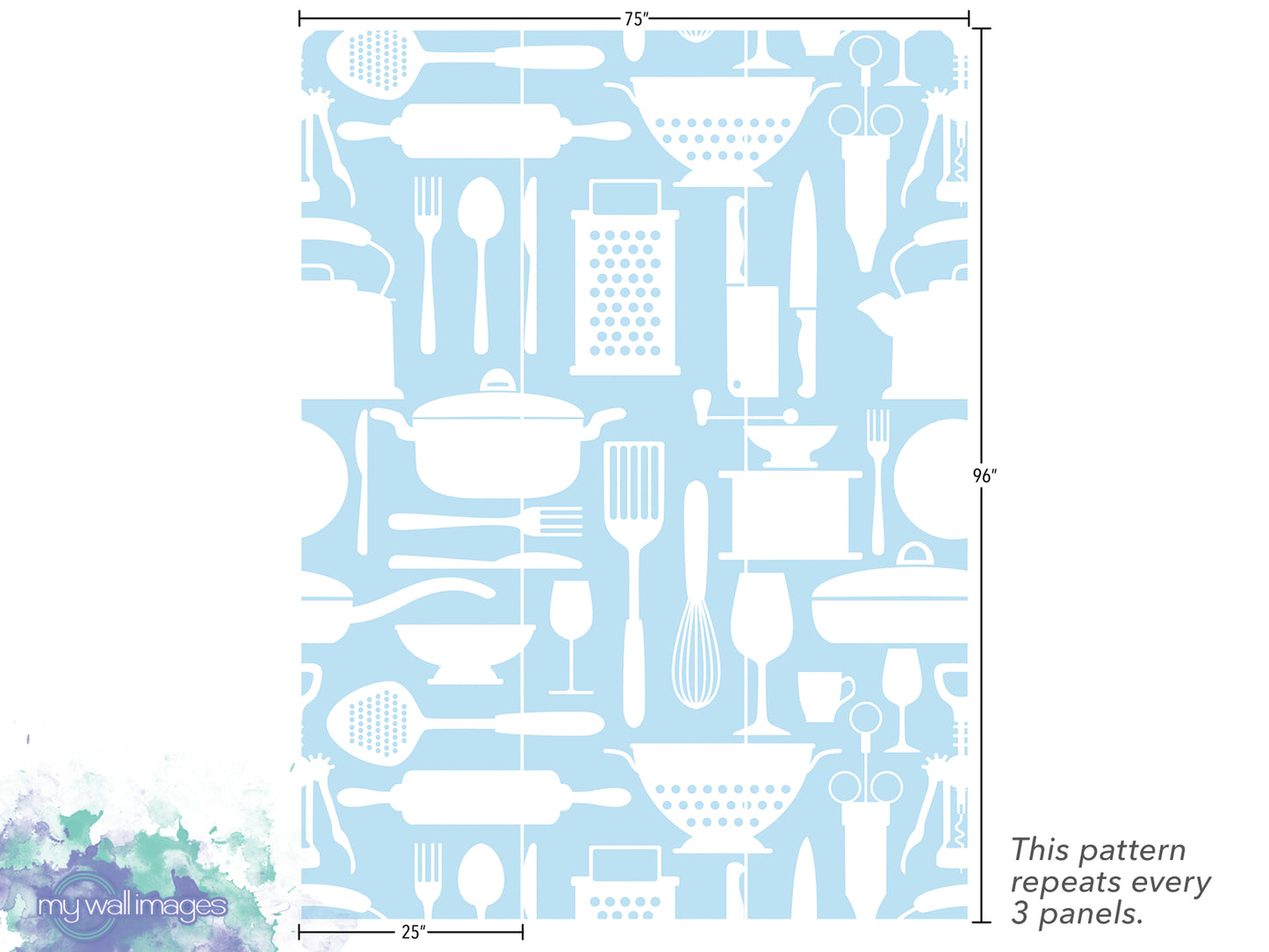 The image is a pattern of various kitchen utensils and appliances, including spoons, knives, bowls, and other tools, arranged in a repeating design.