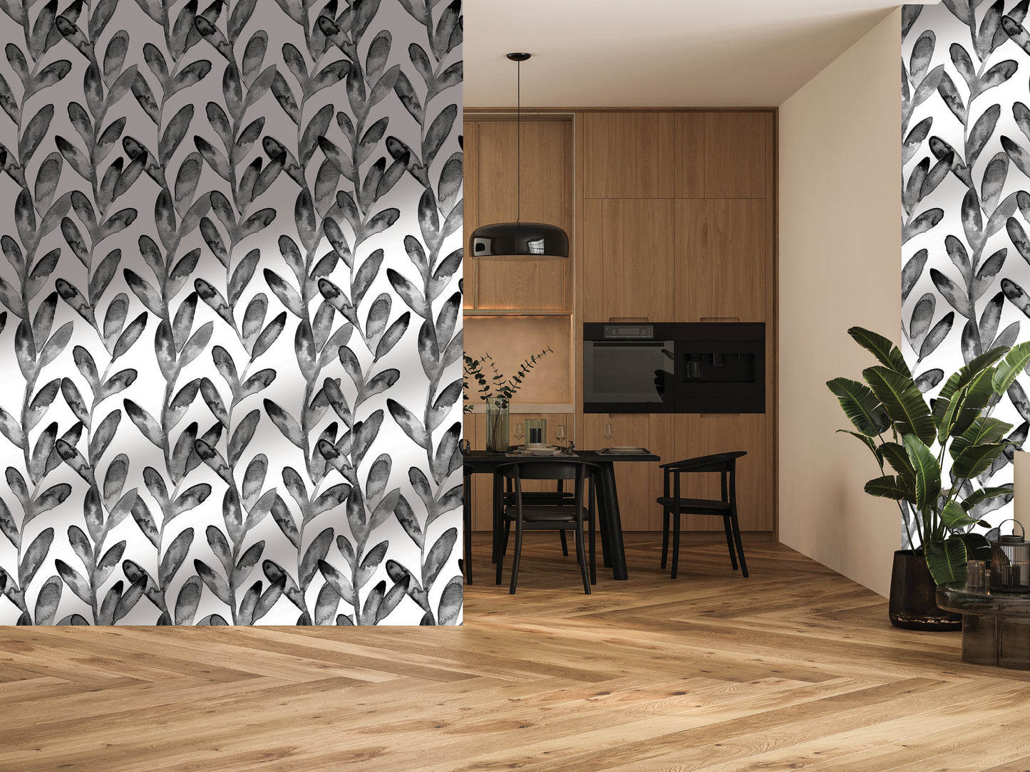 a modern kitchen with a dining area, both adorned with black and white leaf-patterned wallpaper. The kitchen has a wooden floor and includes a table and chairs, while the dining area has a black table and chairs. The room is decorated with potted plants and vases, adding a touch of greenery to the space.