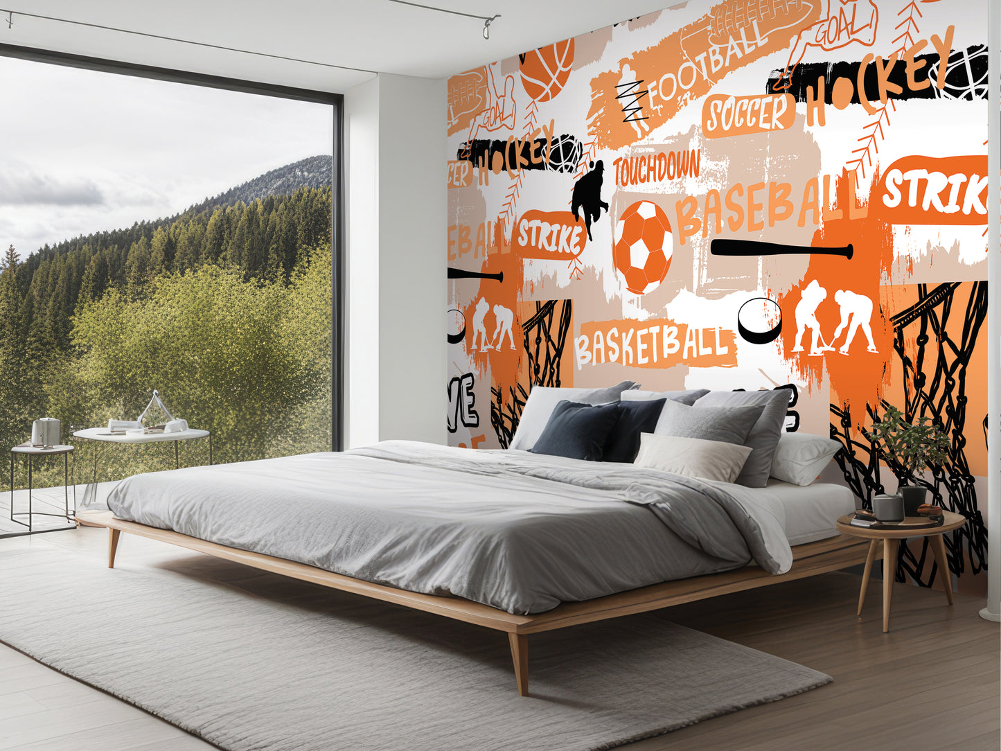 a bedroom with a large wall mural depicting various sports, including football, soccer, basketball, and hockey. The mural is colorful and vibrant, creating a lively and energetic atmosphere in the room.
