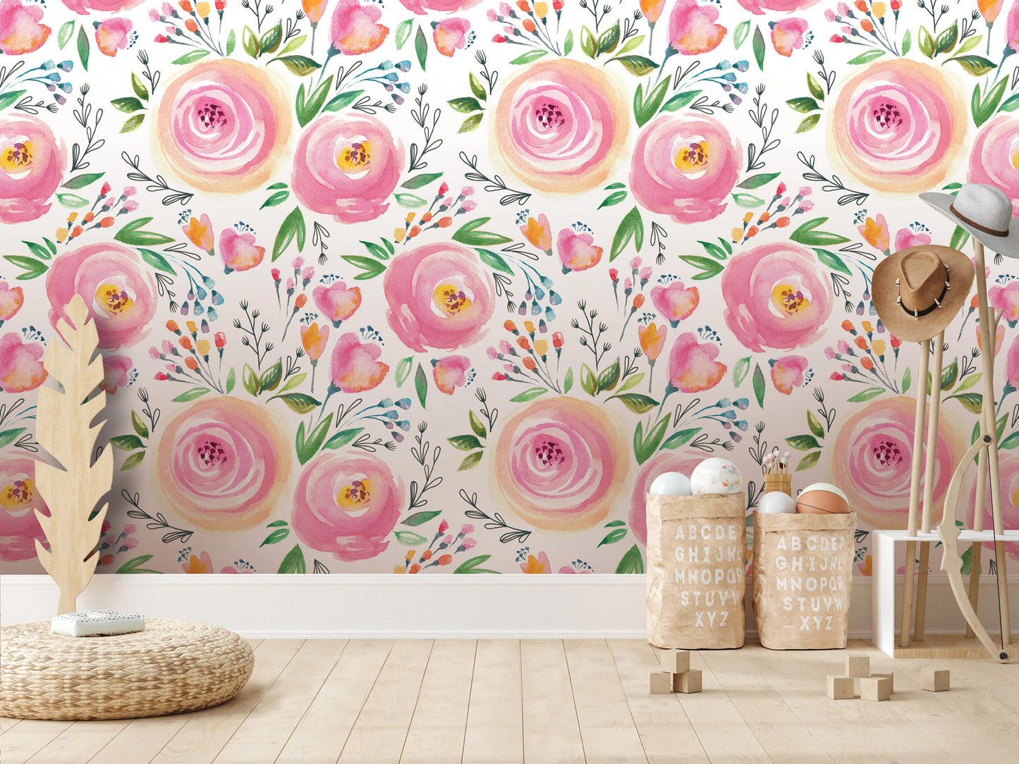 a room with a floral wallpaper pattern, a wicker basket, and a hat rack.