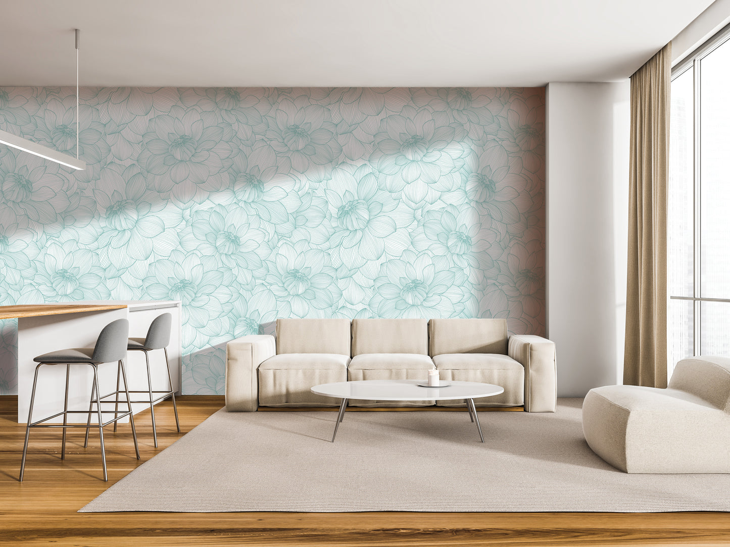 a modern living room with a large floral wallpaper on the wall, a white sofa, a round coffee table, and a barstool.
