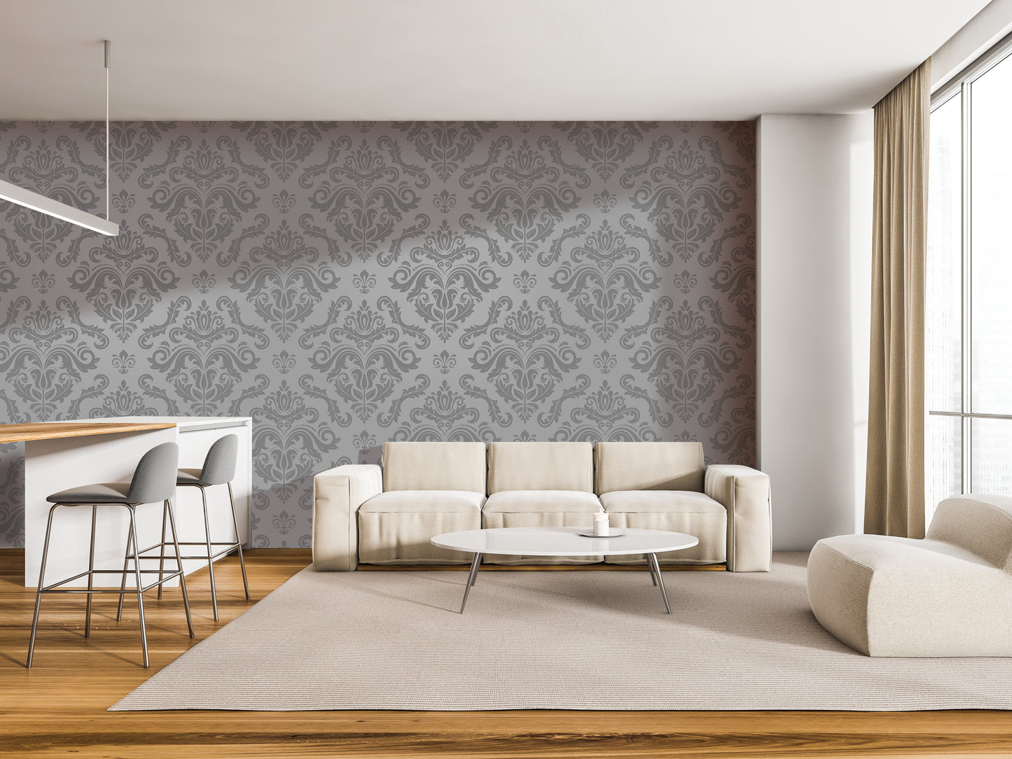 a modern living room with a gray and white color scheme, featuring a white sofa, a round coffee table, and a bar with stools. The room has a large window, a gray patterned wallpaper, and a wooden floor.