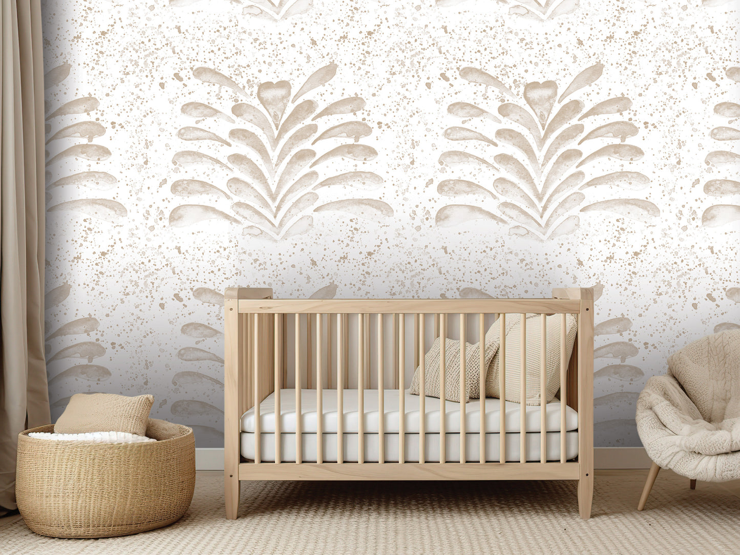 a serene nursery room with a wooden crib, a woven basket, and a plush chair. The room has a neutral color scheme with a beige and white color palette, and the walls are adorned with a patterned wallpaper featuring a repeating leaf design.