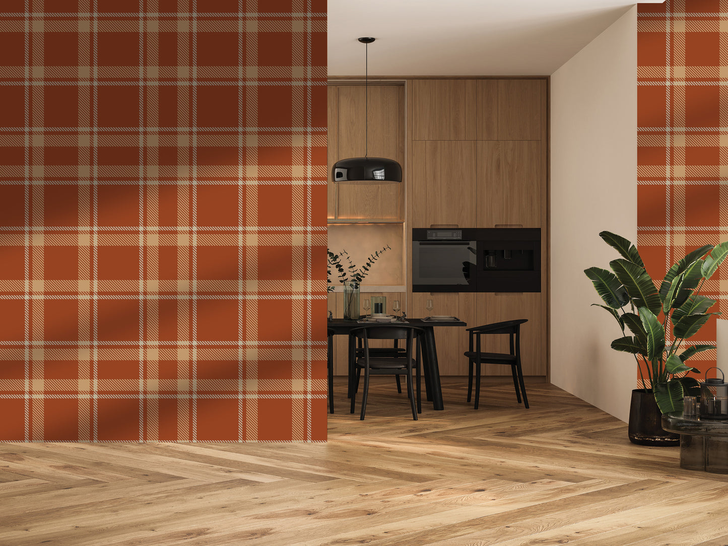 a modern kitchen with a chevron patterned wall, a dining table with chairs, and a potted plant on the floor.