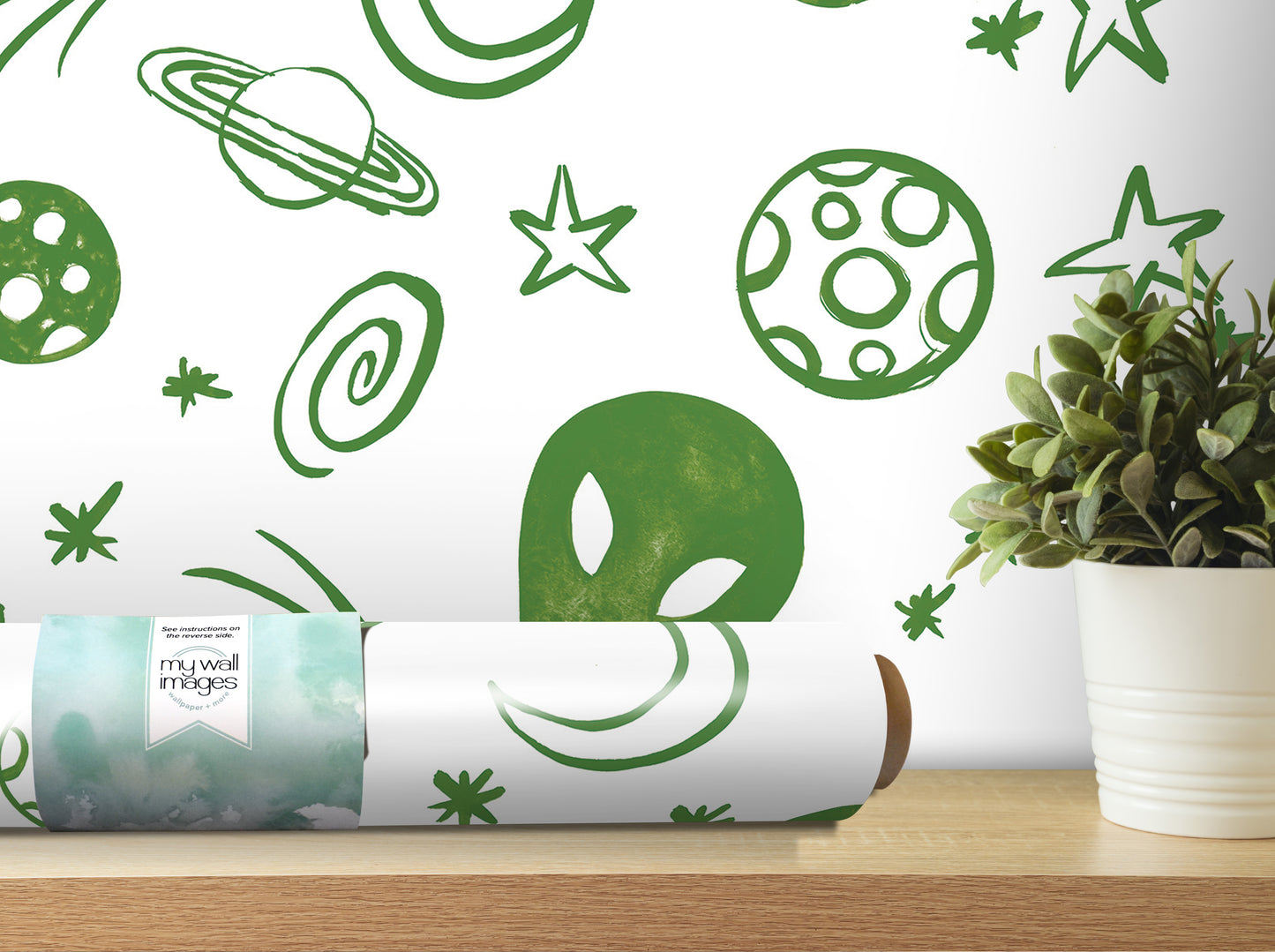 a wall with a green alien and a potted plant on a shelf.