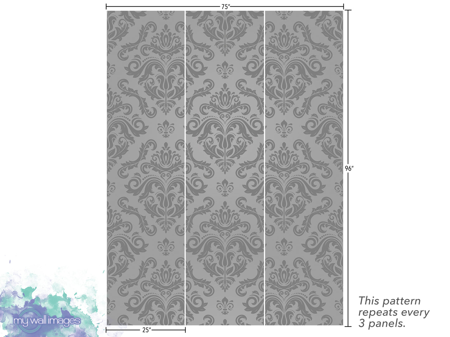 a repeating pattern of a gray and white damask design, which appears to be a wallpaper or textile pattern. The pattern repeats every 3 panels, and the image is described as a collage of multiple images. The image is not a single photograph but a collection of images that together create a cohesive design.