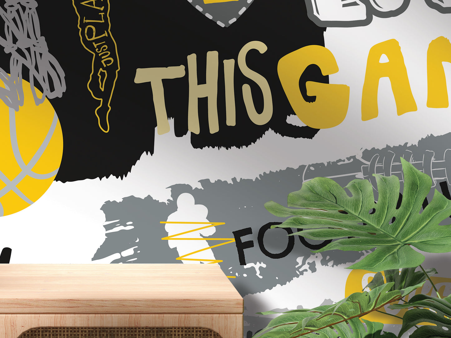 The image is a collage of various elements, including a basketball, a plant, and text. The text appears to be a mix of words and phrases, such as "THIS", "GAM", "FOOTBALL", and "FOOTBALL". The collage is not a single image but a combination of different elements, creating a visually interesting and dynamic composition.