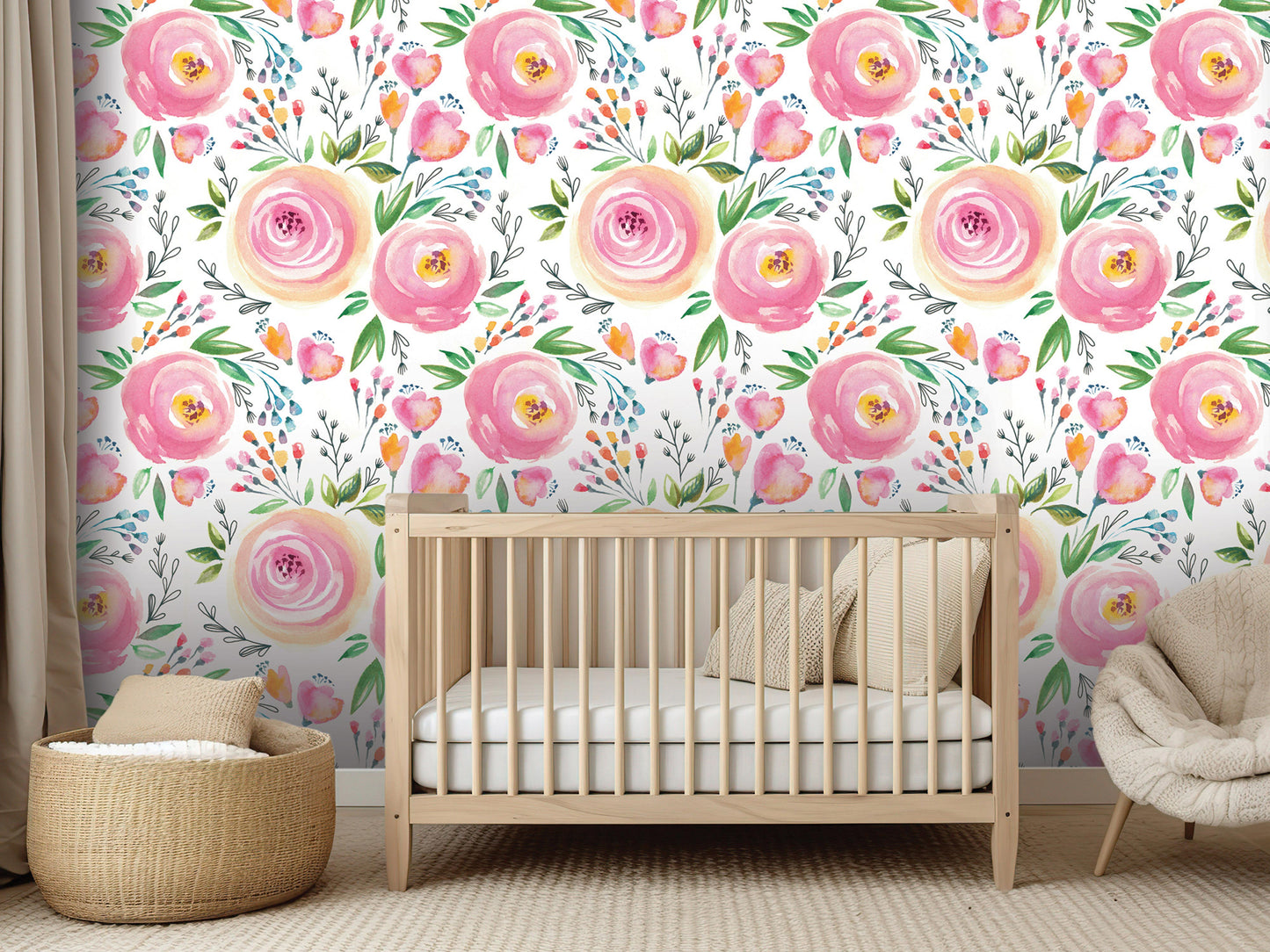 a nursery room with a wooden crib, a woven basket, and a plush chair. The walls are decorated with a floral wallpaper pattern in shades of pink and white, creating a warm and inviting atmosphere.