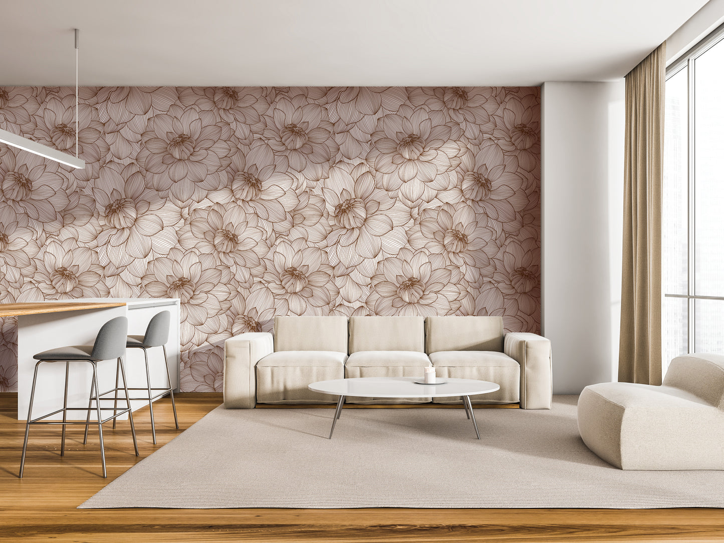 a modern living room with a floral wallpaper, a white sofa, a round coffee table, and a bar with stools.
