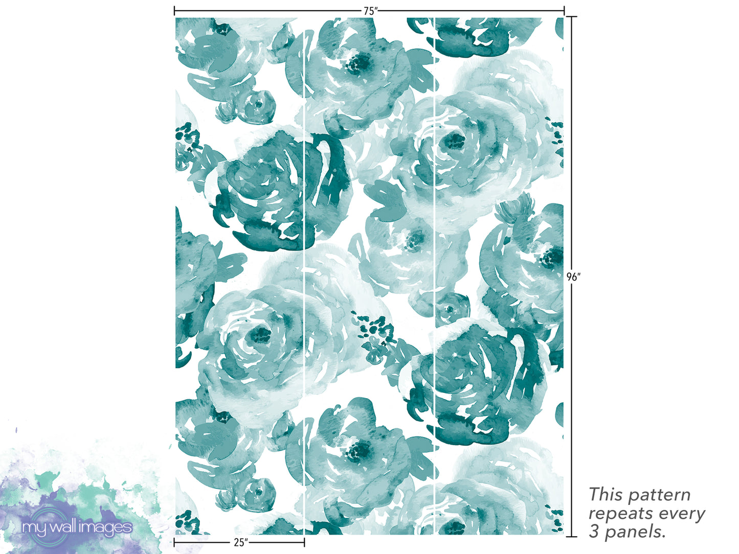 a repeating pattern of watercolor-style blue and white flowers on a white background. The pattern repeats every 3 panels.