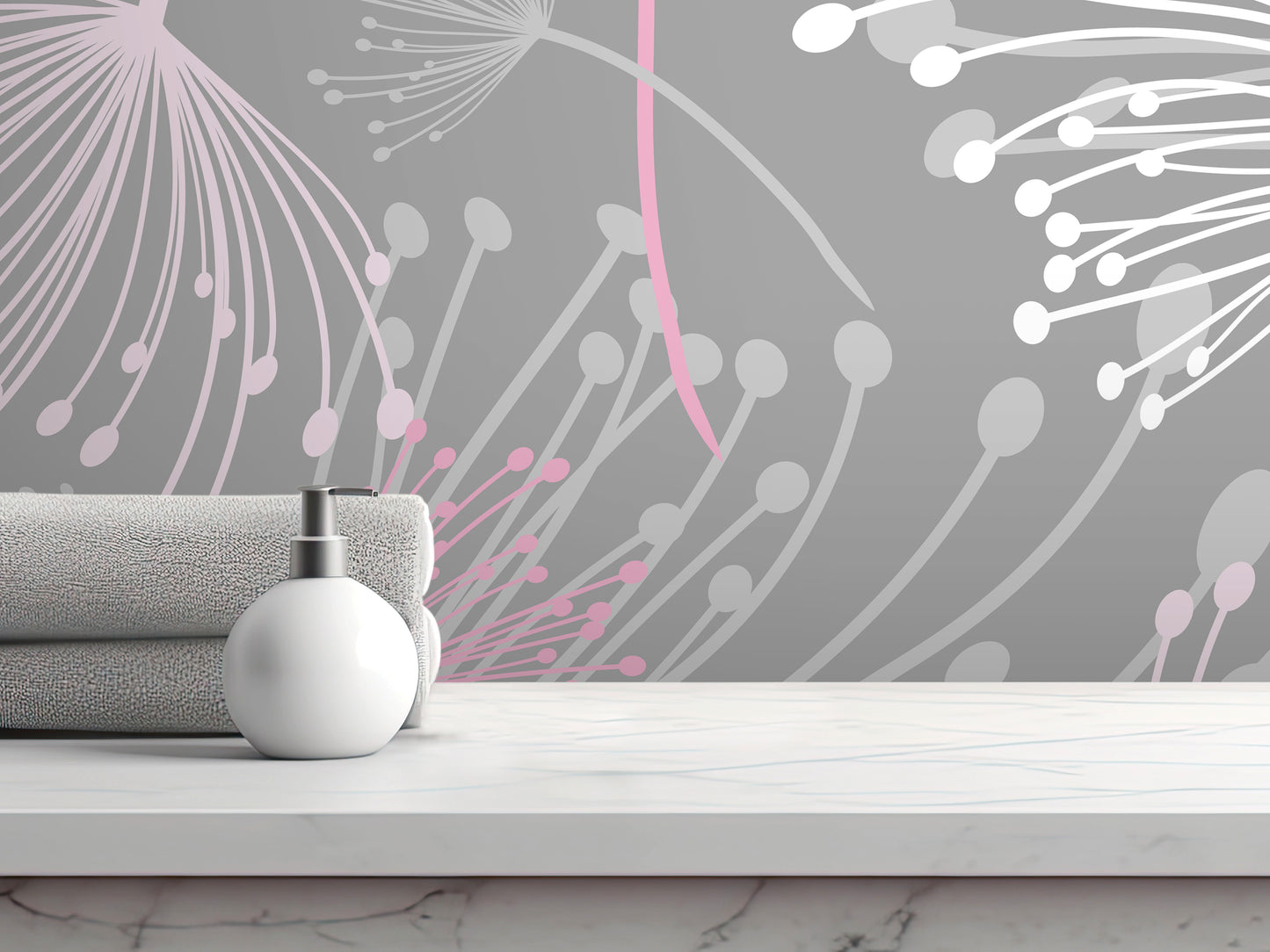 a white soap dispenser on a white marble countertop, with a gray towel and a pink and white abstract design on the wall behind it.