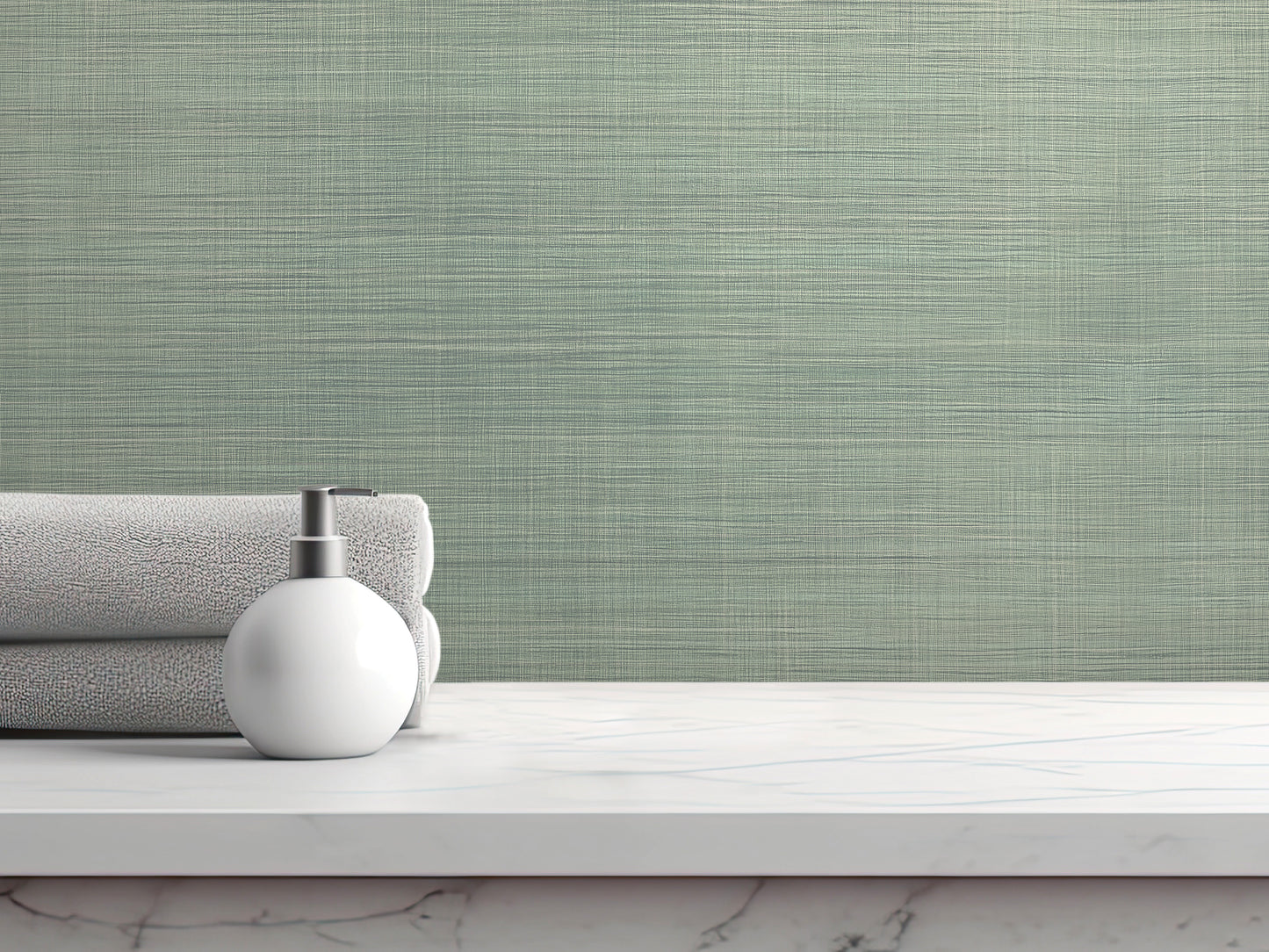 A white soap dispenser sits on a white countertop, with a stack of folded towels and a green textured wall in the background.