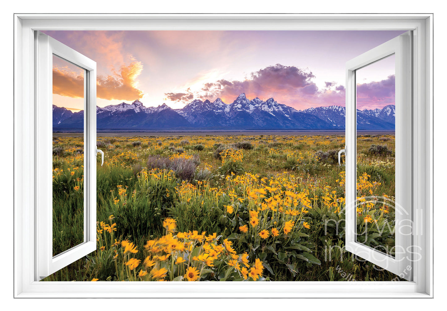 a breathtaking view of a mountain range with snow-capped peaks, set against a vibrant sky filled with clouds and colorful hues. The foreground is dominated by a field of yellow wildflowers, creating a striking contrast with the natural landscape. The image is a captivating blend of nature's beauty and the grandeur of the mountains, offering a serene and picturesque scene.