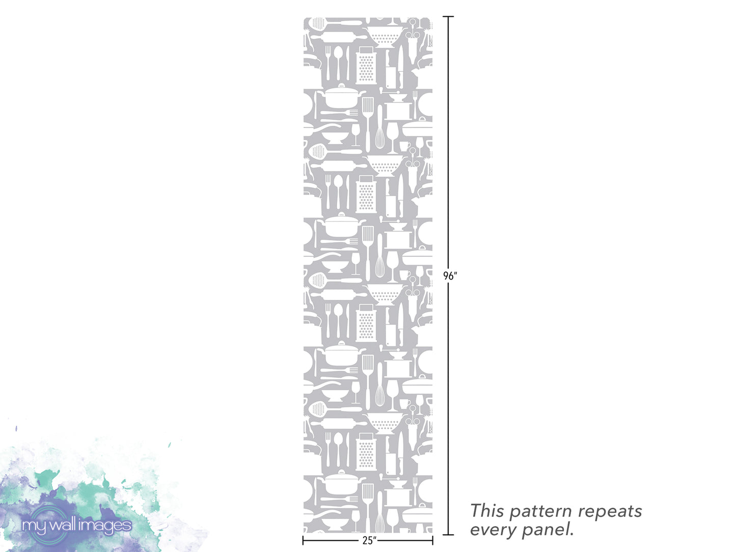 The image is a repeating pattern of kitchen utensils, such as spoons, knives, and bowls, arranged in a vertical column. The pattern repeats every panel, and the image is approximately 25 inches tall.