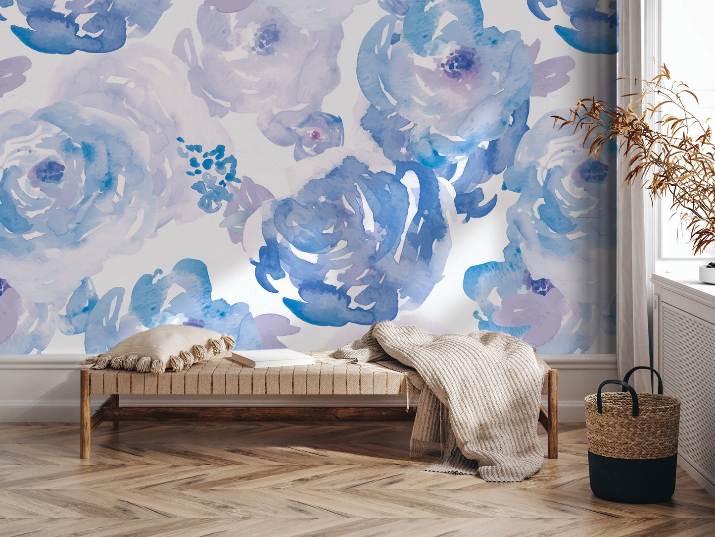 a living room with a large blue and purple floral wallpaper on the wall behind a wooden bench. The bench is positioned in front of a window, and there is a woven basket on the floor next to it.