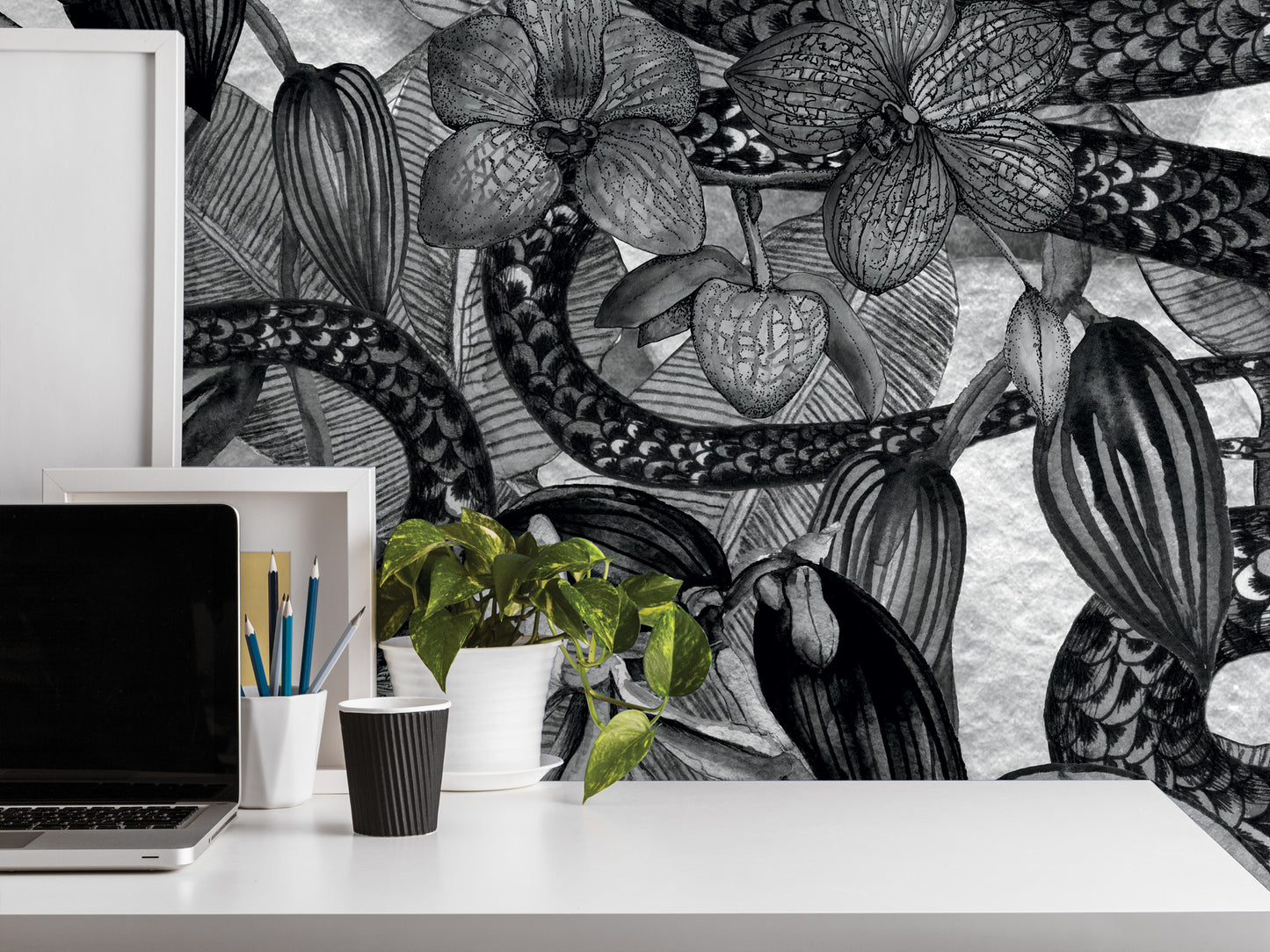 a workspace with a laptop, a plant, and various office supplies on a white desk. The background is a black and white mural depicting a snake and flowers.