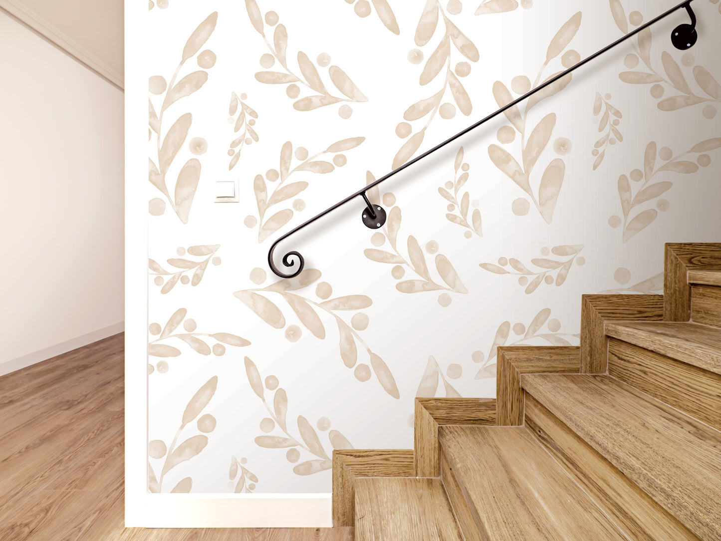 a staircase with a decorative wall behind it, featuring a repeating pattern of leaves and branches in a light color palette.