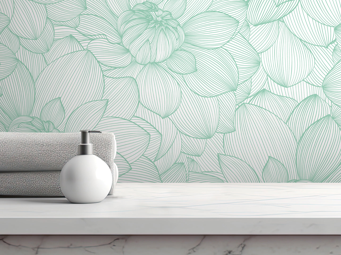 a white soap dispenser on a white marble countertop, with a folded towel and a green and white floral wallpaper in the background.