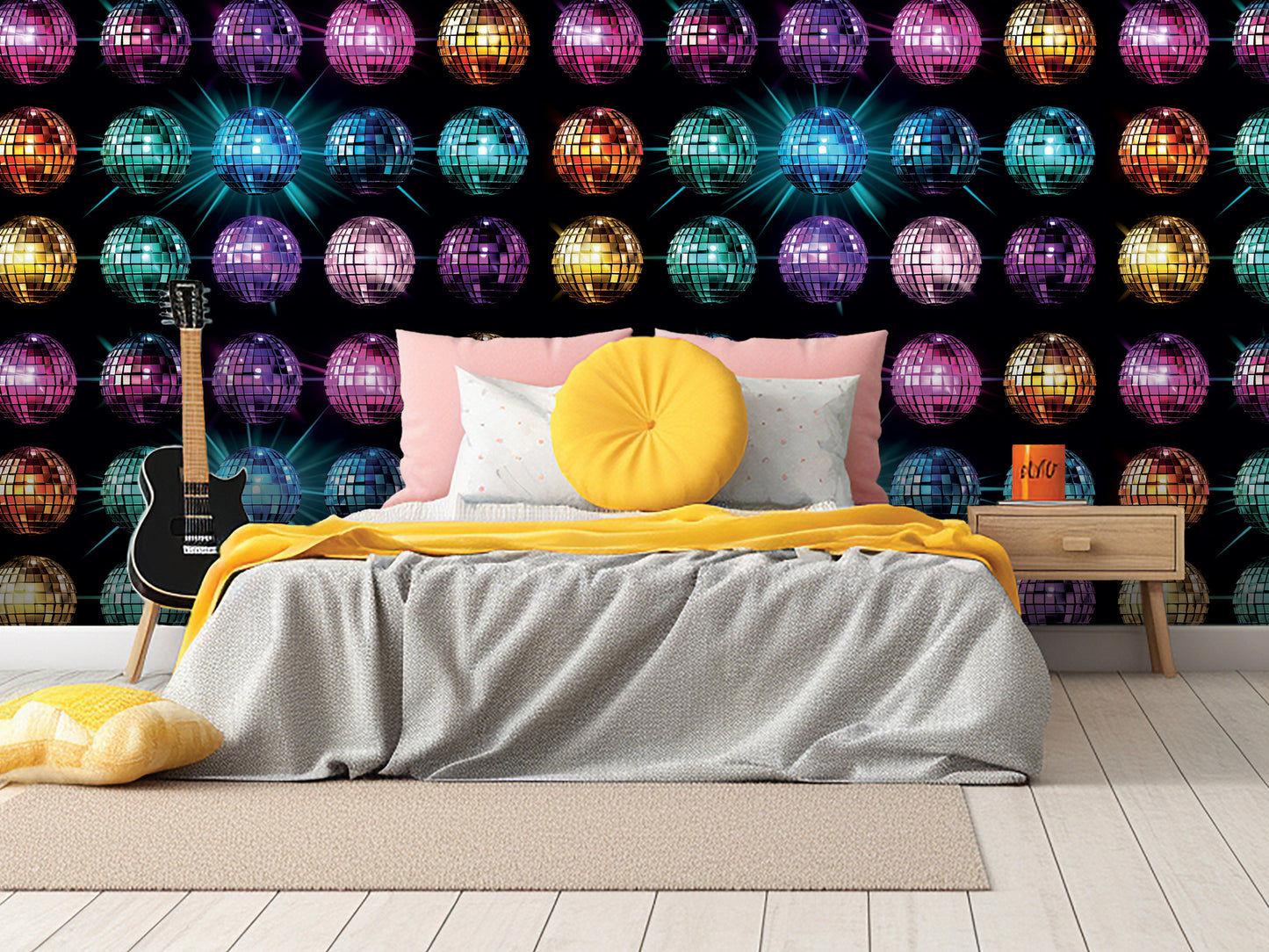 a bedroom with a bed, a guitar, and a colorful wall mural featuring numerous disco balls in various colors and sizes.