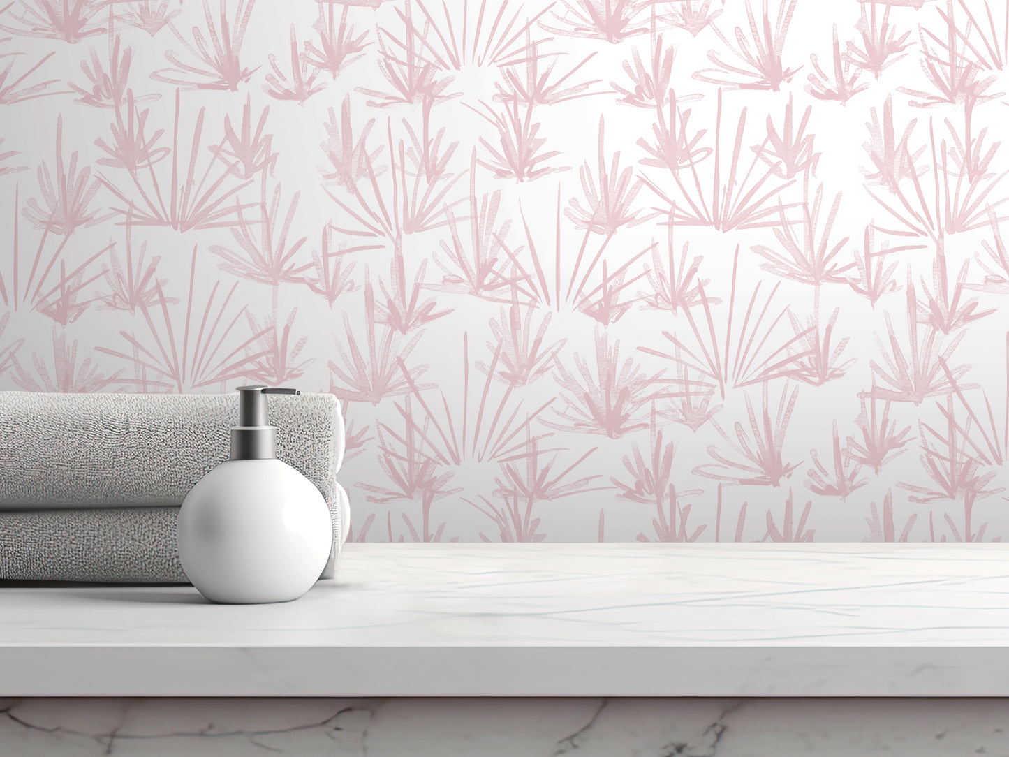 a white countertop with a white soap dispenser and a folded towel, set against a pink and white floral wallpaper.