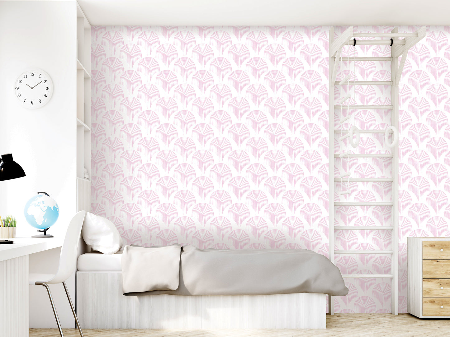A modern bedroom with a white bed, a dresser, and a ladder against the wall. The walls are covered in a pink and white patterned wallpaper, and there is a clock on the wall.