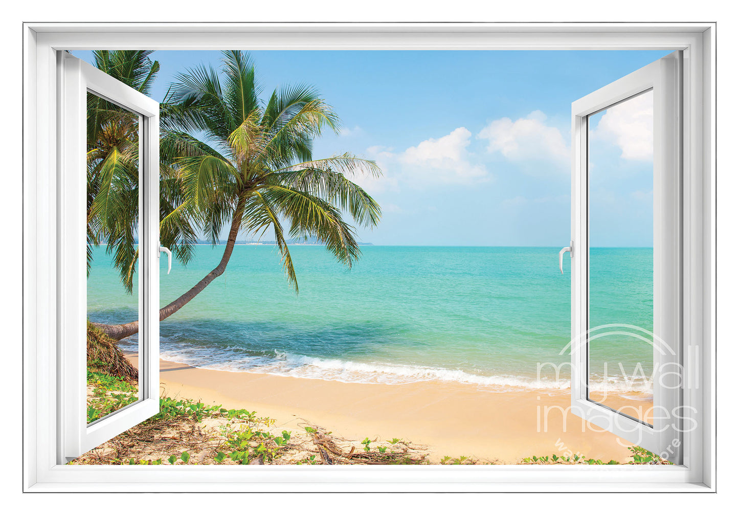 a serene tropical beach scene, with a clear blue sky, swaying palm trees, and a sandy beach leading to the turquoise ocean.
