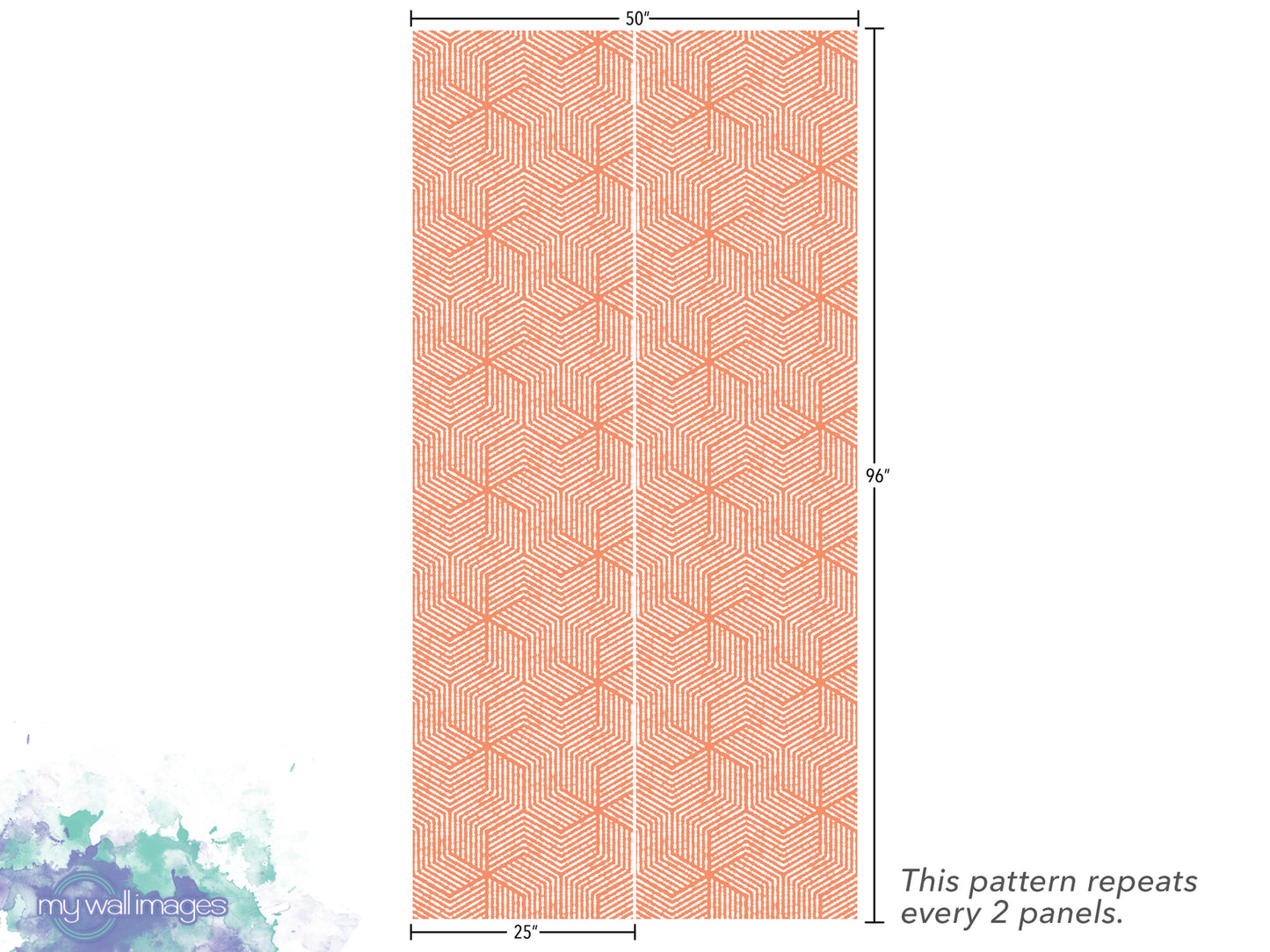 a repeating pattern of orange and white geometric shapes, with dimensions provided. The pattern repeats every 2 panels.