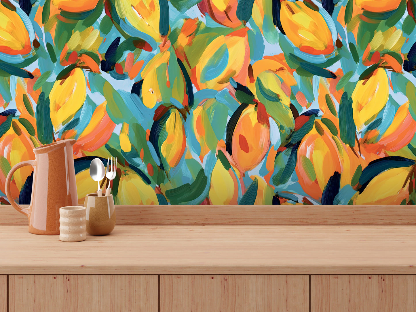 a vibrant, abstract painting of oranges and lemons on a wall, with a wooden table in the foreground holding a pitcher, a cup, and a spoon.
