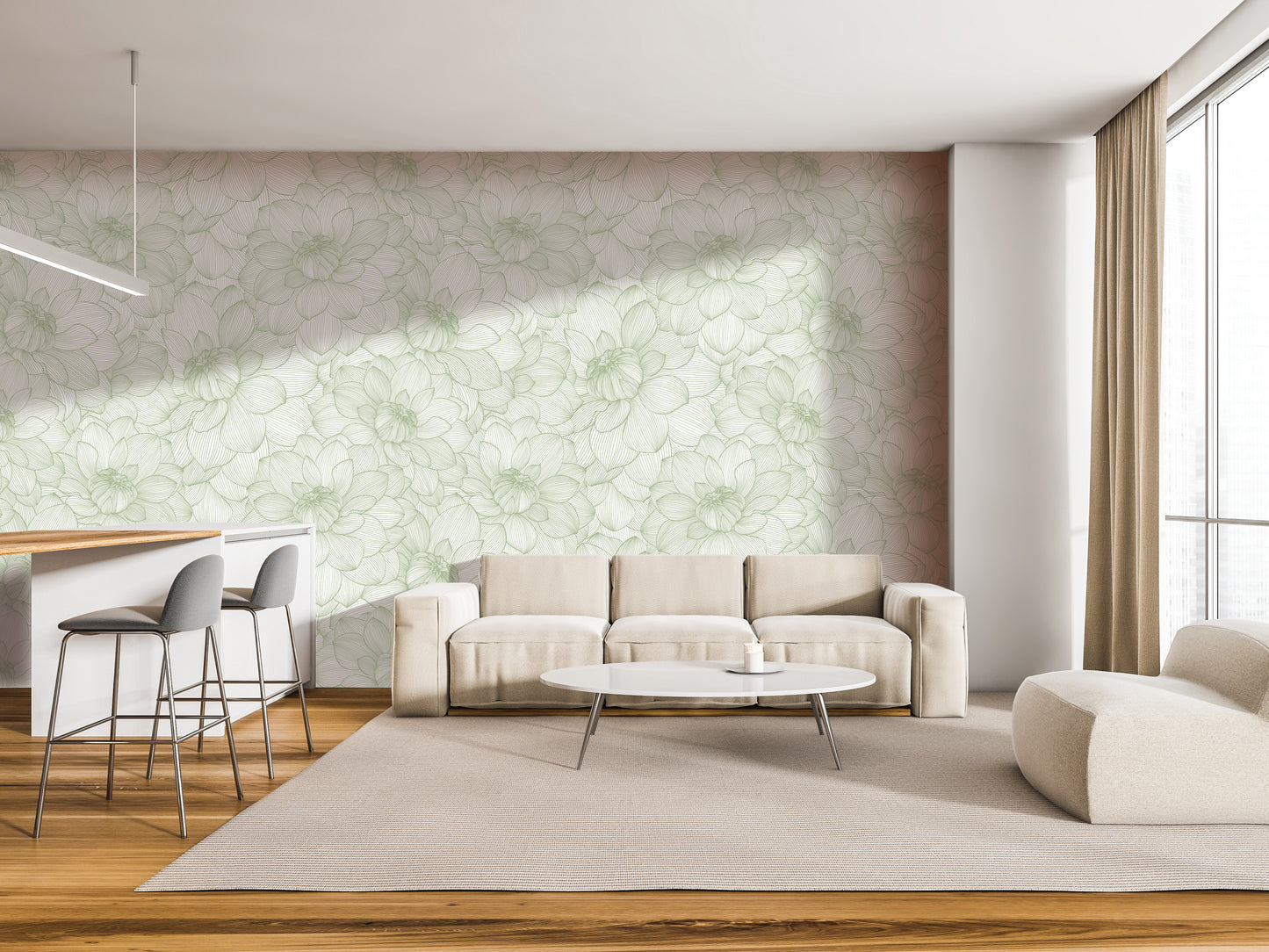 a modern living room with a large floral wallpaper on the wall, a white sofa, a round coffee table, and a barstool.