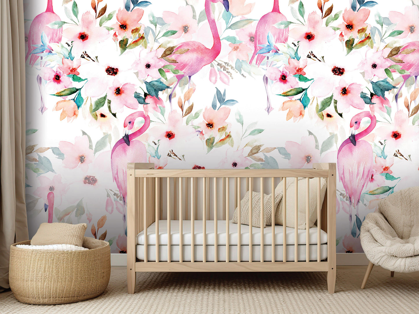 a nursery with a wooden crib, a wicker basket, and a plush chair. The walls are decorated with a floral wallpaper pattern in shades of pink and white, and there are several pink flamingos in the background.