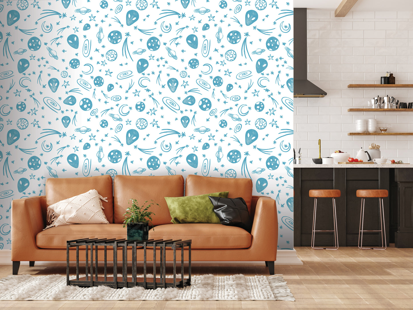a modern living room with a brown leather sofa, a black coffee table, and a kitchen area with a counter and stools. The wall behind the sofa is decorated with a pattern of blue and white stars and other celestial objects, creating a whimsical and celestial atmosphere.