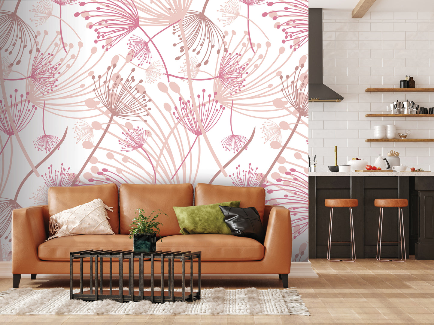 a modern living room with a large wall mural depicting pink and white flowers. The room is furnished with a brown leather sofa, a black coffee table, and a kitchen counter with stools.