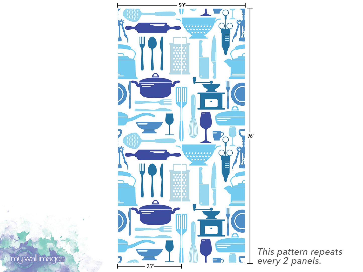 a repeating pattern of various kitchen utensils and appliances, such as spoons, knives, bowls, and other kitchen items, arranged in a vertical column. The pattern repeats every 2 panels, and the image is described as a "collage of multiple images" and "25' x 50'".