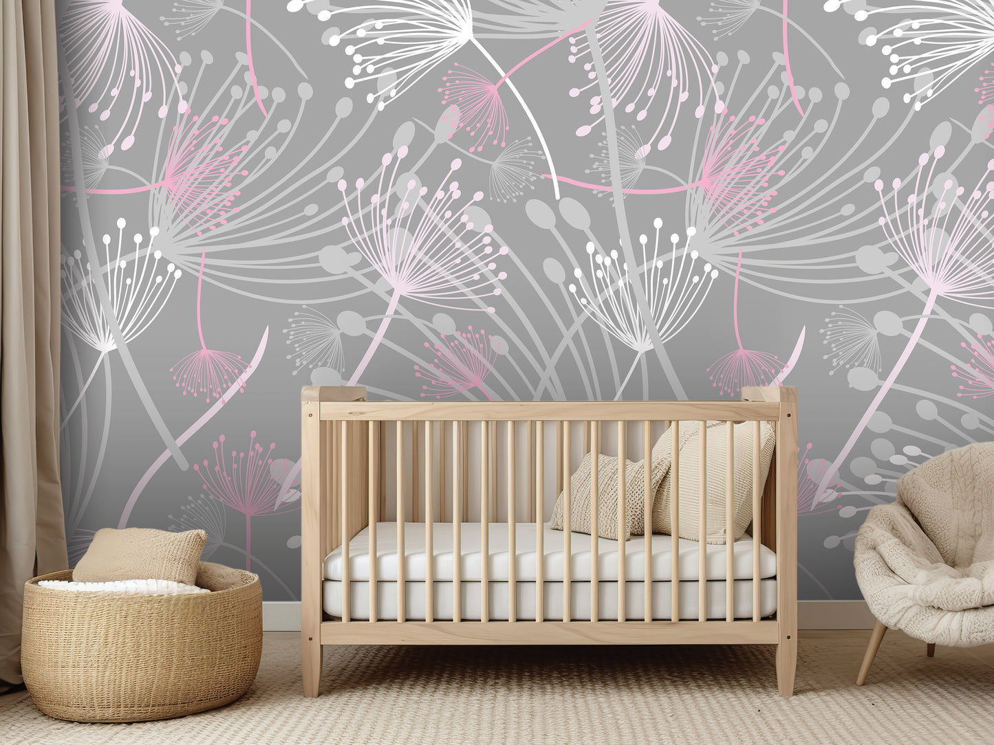 a nursery room with a wooden crib, a woven basket, and a plush chair. The walls are decorated with a gray and pink floral pattern, creating a serene and calming atmosphere.